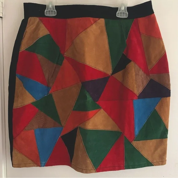 Vintage 1980s multicoloured leather patchwork mini size 14 - Picture 1 of 9